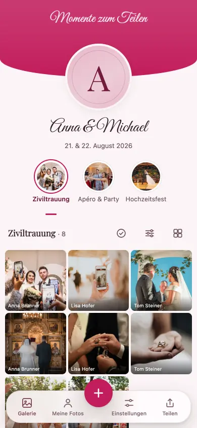 Migumentos Gästealbum „Anna & Michael“ auf einem Telefon — dieselbe App, in der auch die Fotoaufgaben liegen