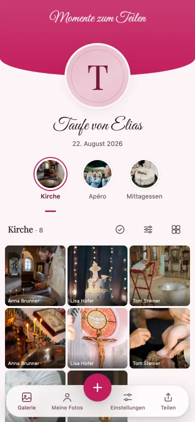 Album „Taufe von Elias“ auf einem Telefon: Familienfotos einer Taufe, chronologisch geordnet