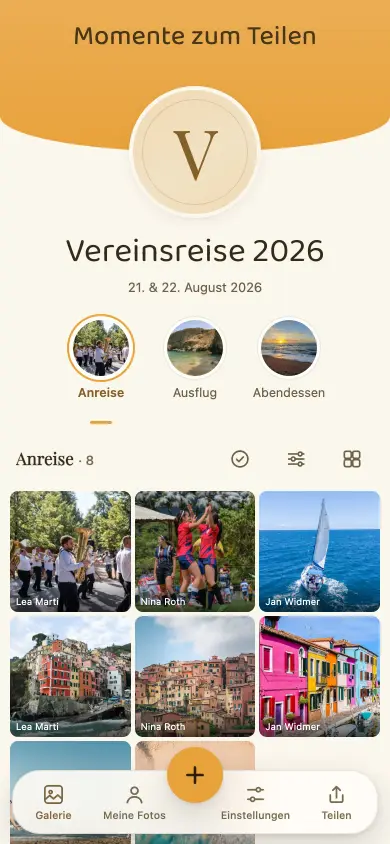 Album „Vereinsreise 2026“ auf einem Telefon: Bilder eines Vereinsanlasses, nach Etappen geordnet