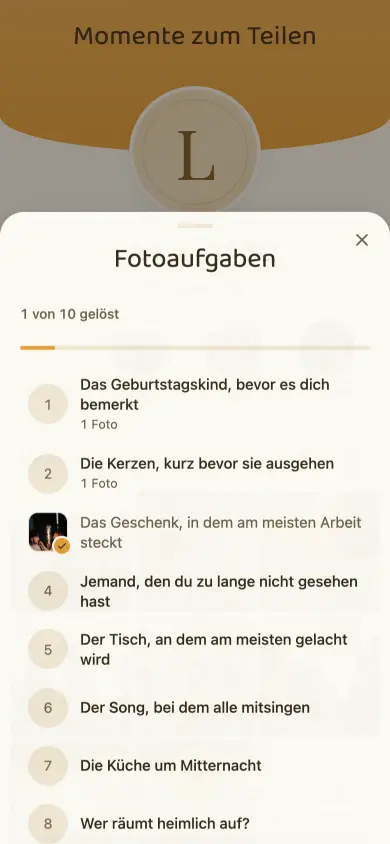 Die Aufgabenliste im Album „Lea wird 30“ — nummerierte Aufgaben, ein Fortschrittsbalken über der Liste