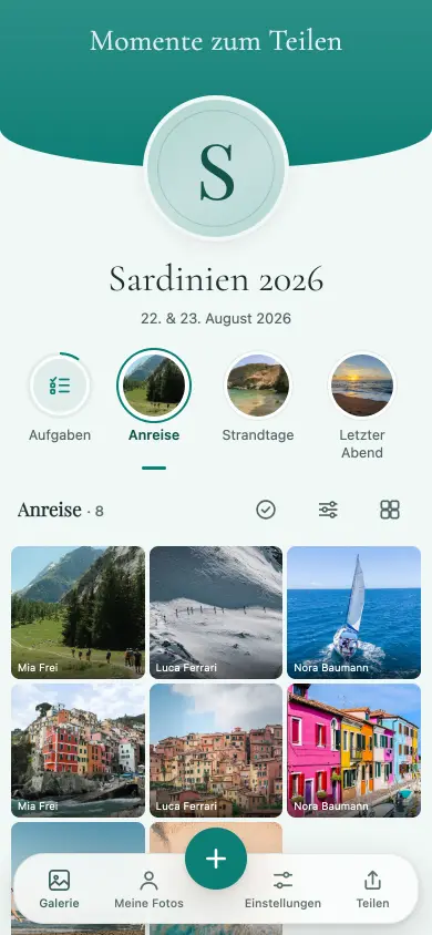 Das Reisealbum „Sardinien 2026“ mit dem Aufgabenkreis vor den Alben der einzelnen Tage