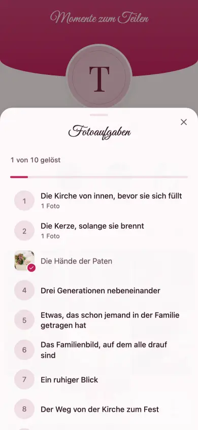 Die Aufgabenliste von „Taufe von Elias“ mit einer gelösten Aufgabe: Vorschaubild, Haken und Fortschritt