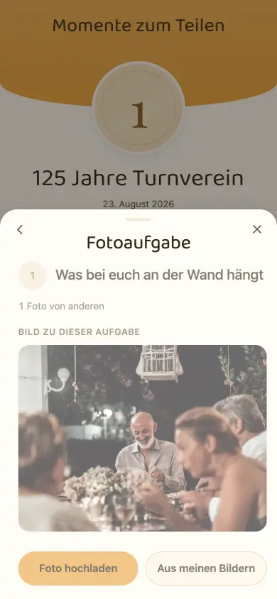 Eine geöffnete Fotoaufgabe im Album „125 Jahre Turnverein“ mit den zwei Wegen, sie zu lösen